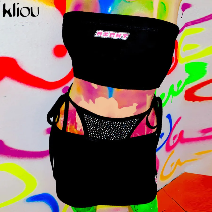 Online Kliou frauen mode sexy zwei stück set liebsten crop tank top kurze aushöhlen röcke spitze up taille outfit 2019 party sexy kleidung