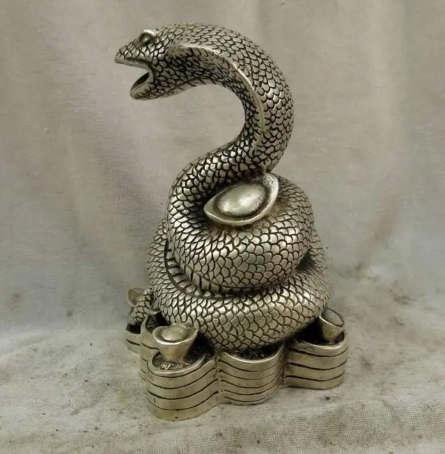 6" China silver finely beautiful carved lucky wealth snake Sculpture