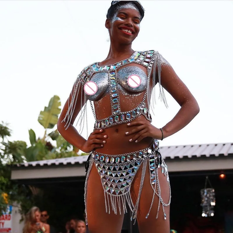 

New Sexy Women Body Jewelry tassel metal chain tank top women luxurt crystal sequined short party club Body chain set