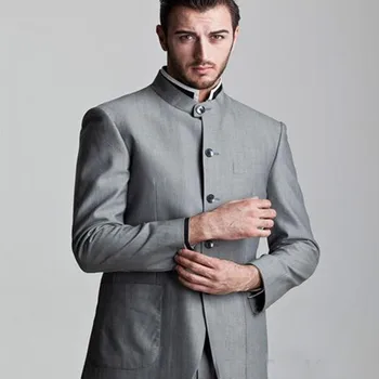 

2018 New Custom Five Button Gray Groom Tuxedo mens suits Stand COllar Groomsmen Men Wedding Bridegroom Suit (Jacket+Pants+tie)