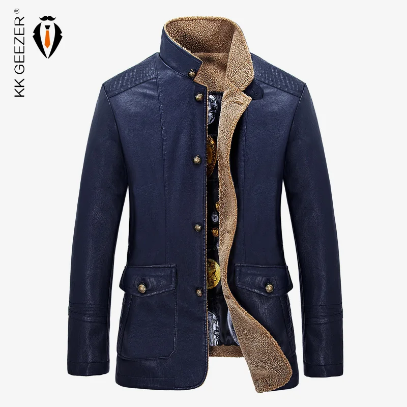 

2016 New PU Leather Jacket Men Long Wool Leather Standing Lambs Thick Warm Collar Jackets Coat Outdoor Windbreaker Parka Male