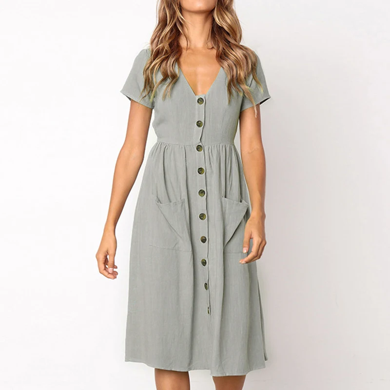 Women's Sexy Summer Dresses 2019 Boho Short Sleeve Button Solid Midi Dress Sundress With Pockets Lady Beach Party Dress Vestidos