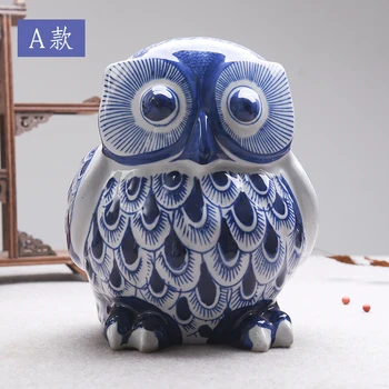 

Owl Save Cans Blue White Hand-painted Home Desktop Room Ceramic Ornaments Decoration