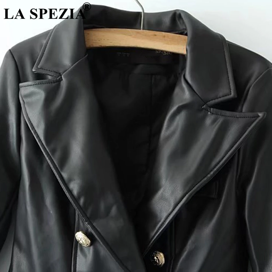 LA SPEZIA Double Breasted Leather Jacket Women Black Motorcycle Coat Female Cool Biker Pockets Punk Autumn Vintage Jackets 2019