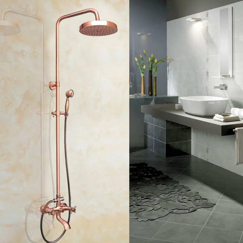 

7.7 Inch Rain Shower Head Red Antique Copper Bathroom Wall Mount Rainfall Handshower Shower Set arg512