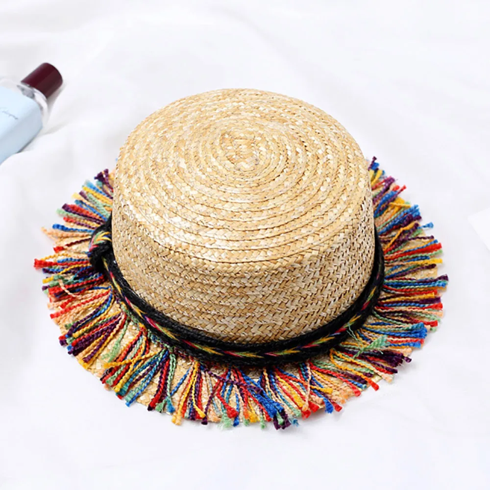 2019 женская летняя шляпа для девочек Панама Бич Sun Hat Красочные украшения Floppy соломенная шляпа Шапки Ленточки и помпоном шапки