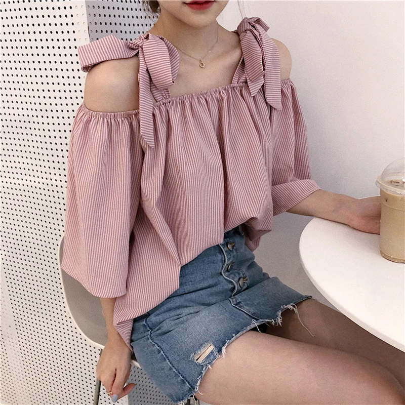 

2019 New summer fashion ins half batwing sleeve bow solid color slash neck Women T-shirt Loose Versatile Shoulder Strap Top