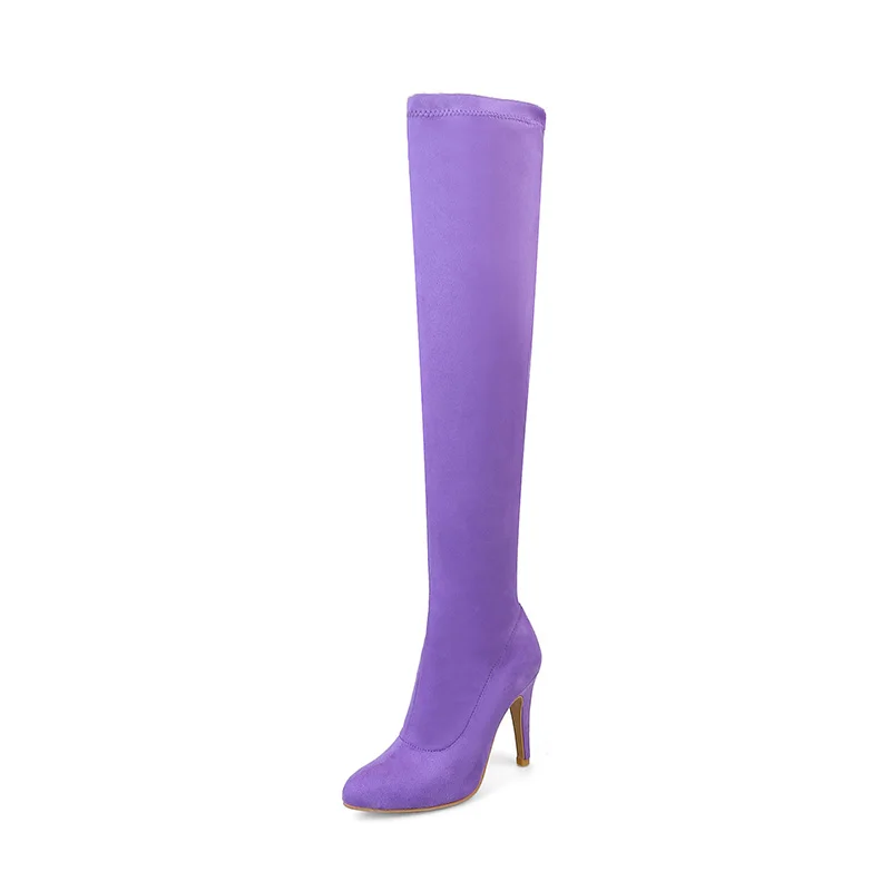 WETKISS/ г. Новые Модные весенне-зимние Стрейчевые высокие сапоги до бедра из флока размера плюс 34-48 женские ботфорты на высоком каблуке - Цвет: Фиолетовый