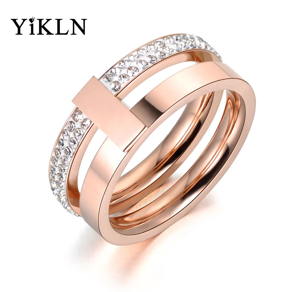 

YiKLN Rose Gold Color 2 Layers Wedding Rings Jewelry For Women 316L Stainless Steel Rhinestone Engagement Ring Anneau YR18047