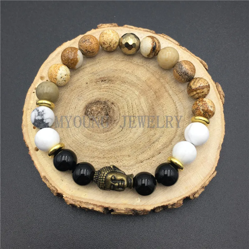 MY0813 Round White Howlite Beads  Bracelet With Buddha Head Charm,Picture Stone Pyrite Agates Beads Bracelets (1)