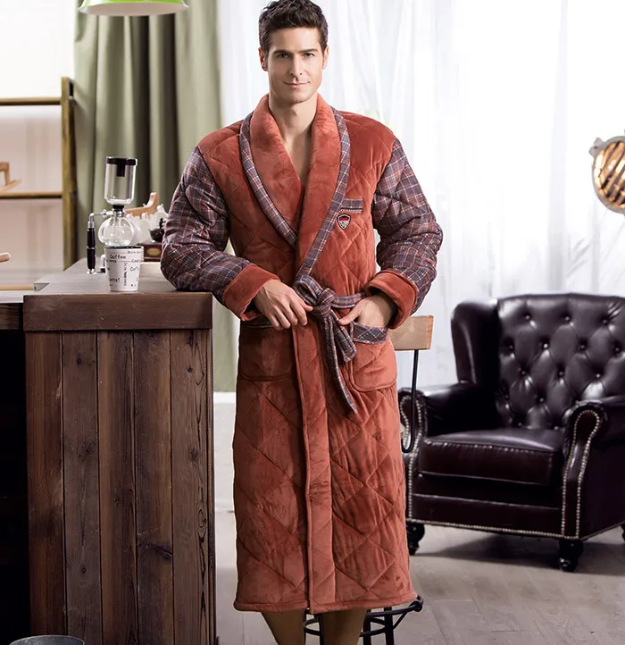 Brand Winter Bathrobe for Men British Casual Thickening Flannel Cotton Bath Robe Male Winter Home Dressing Gown With String Blet - Цвет: Brick Red