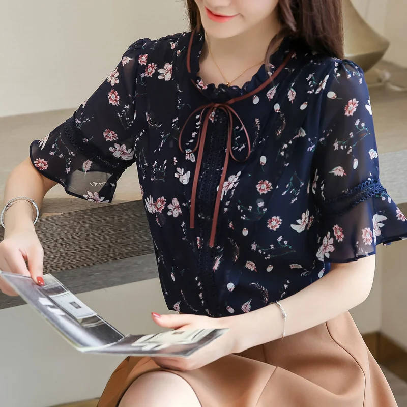 الصيف بلوزة للنساء 2019 زائد حجم النساء قمم طباعة بلوزة شيفون النساء قصيرة الأكمام قمصان إمرأة قمم و البلوزات 4564 50