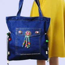 ВИНТАЖНАЯ ДЖИНСОВАЯ богемная Сумка Хобо с вышивкой, большие сумки через плечо для покупок, сумки для путешествий, красочные сумки с помпонами, 1002