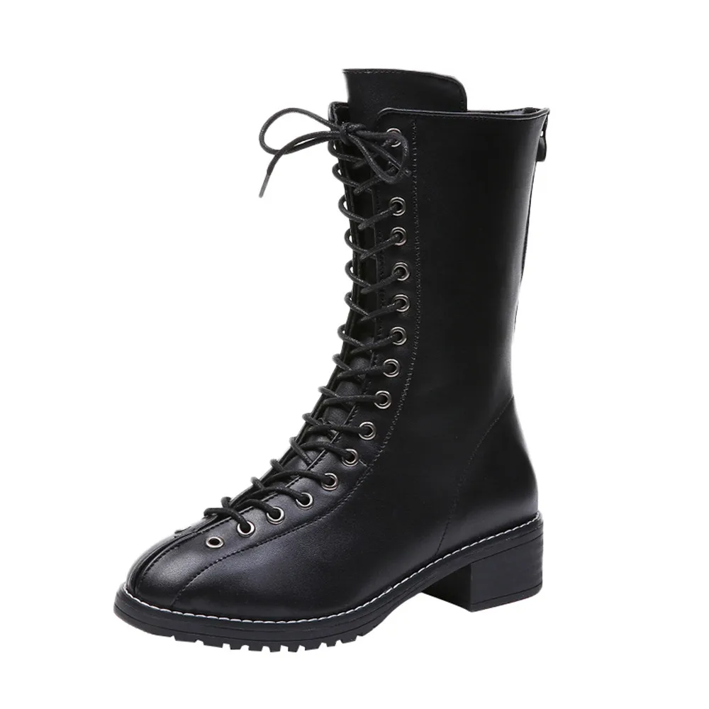 

Punk Style Fashion Lace Up Platfrom Shoes Women Pu Leather Sewing Med Heel Boots Fashion Ladies Short Boots Winter Warm Shoes