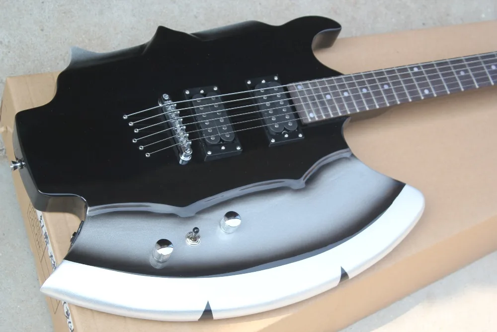 Black Axe Shape Electric Guitar with 24 Frets,Fixed Bridge,Chrome