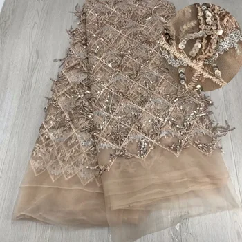 

French net lace fabric with sequin African Lace Fabric 5yards luxury design Tassel Sequins Lace Fabric For Evening Dress