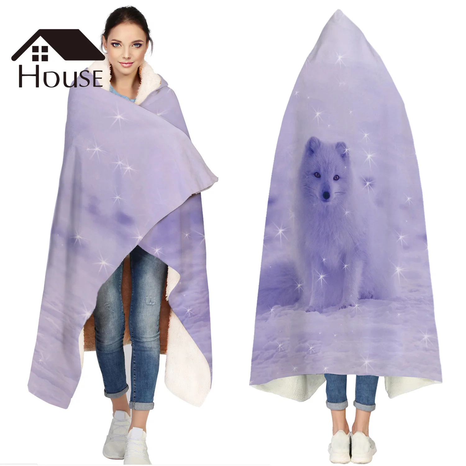 

Portable Wearable Fluffy Custom Hooded Blanket Fox Snow Animals Fleece Hooded Throw Blanket