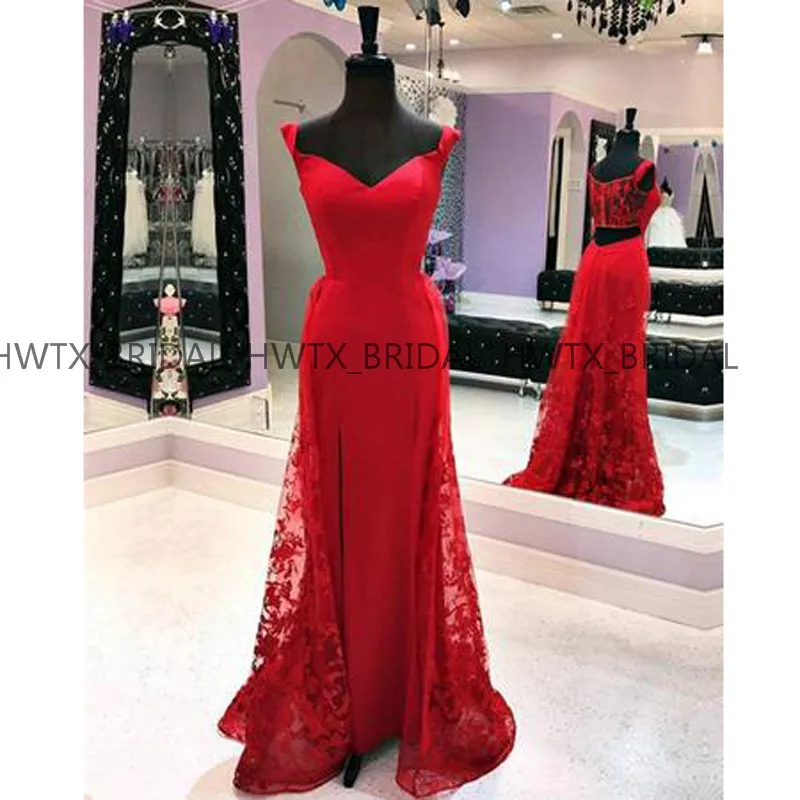 

Vestidos de fiesta Red Lace Evening Dress Off The Shoulder Cut-Out Back Long Prom Dresses 2019 Women Formal Party Gown Custom