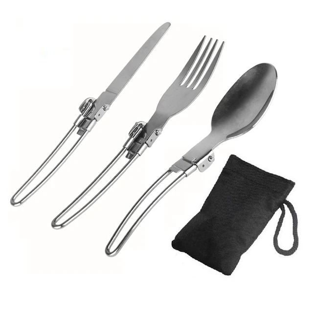 3pcs Portable Outdoor Camping Cooking Tableware Stainless Steel Folding Knife Spoon Fork Set