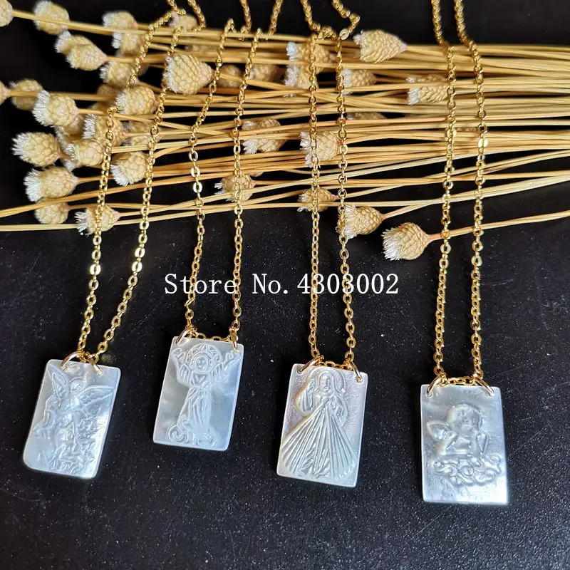 

Natural Grace & Virgin Guadalupe Mother of Pearl Shell Necklace With AAA CZ San Benito Mother Pearl Shell Necklace for Gift