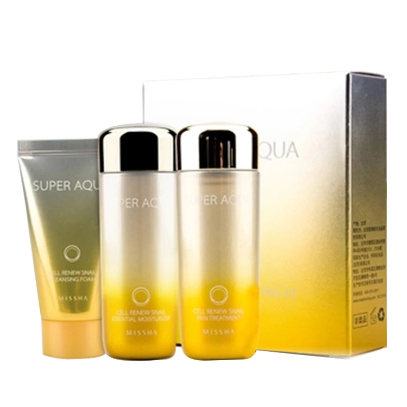 

2pcs MISSHA Super Aqua Cell Renew Snail Sample Size 1 set (Cleasing Foam 20ml+Skin Treatment 30ml+Moisturizer 30ml) Travel Set