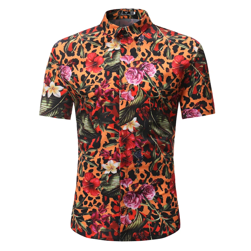 

2018 Summer New Arrival Fashion Mens Short Sleeve Shirts Leopard Flower Printed Floral Men Shirts Casual Hawaiian Beach Shirts