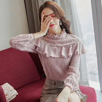 

O Neck New Arrival 2019 Lace Shirt Inside Velvet Shirt Women Regular Women Long Sleeve Shirts Casual Pink Blouse Lolita Blouse