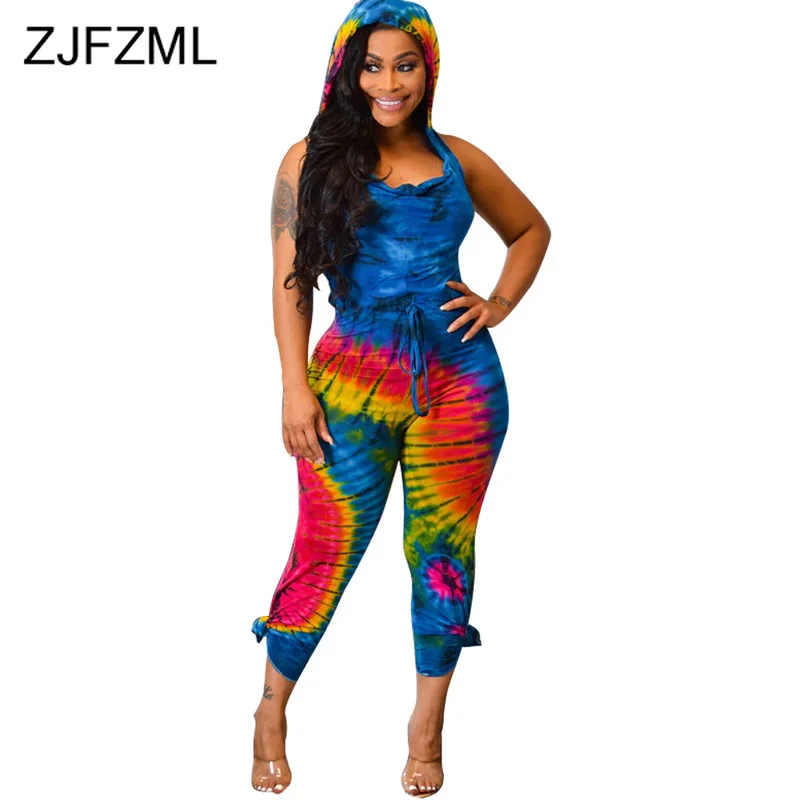 

Rainbow Tie Dye Skinny Overalls For Women Summer Sleeveless Hooded One Piece Romper Casual High Waist Open Back Bodycon Jumpsuit