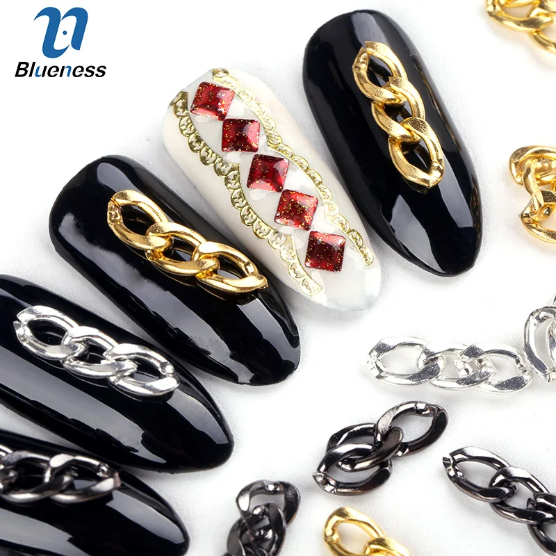 Blueness 10Pcs/lot 3D Metal Chain Ring Nail Design Gold Silver