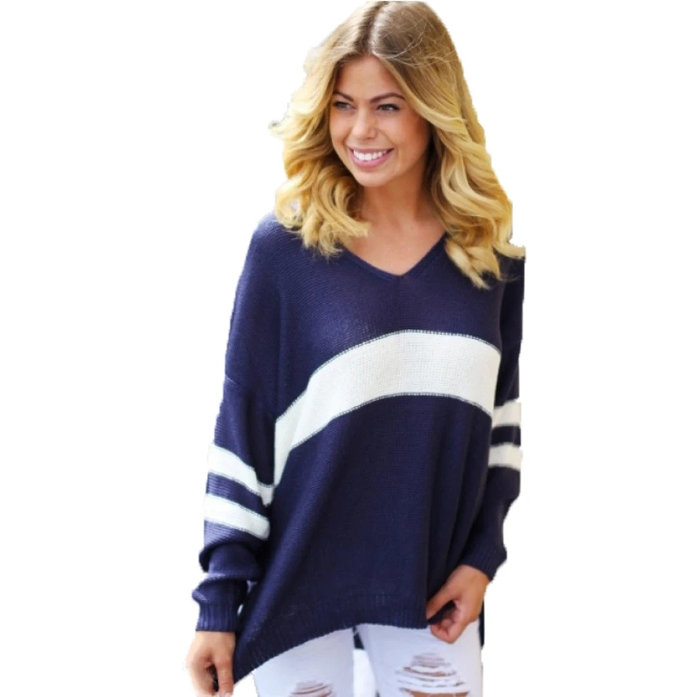 HYH HAOYIHUI Color Block Basic Women Sweater V-neck Long Sleeve Basic Pullover Elegant Street Style Ladies Autumn Jumper