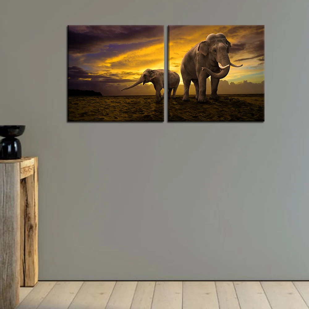 2 Panels Framed Wall Art Elephants Painting Print On Canvas For Home Decor Decoration (Stretched