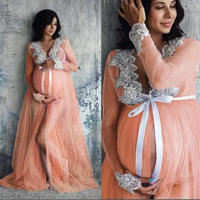 Women Pregnant Dress Mom Lace Maternity Dress Pregnancy Lace Long Party