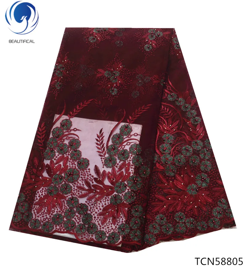 Beautifical red french net lace 2018 high quality lace fabrics with beaded lace fabric new design for women 5yards/lot TCN588