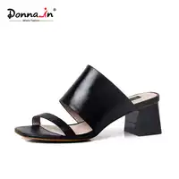 Donna-in 2019 Summer Women Genuine Leather Flip Flops Slippers Thick Middle Heel Ladies Shoes for Outside Black White