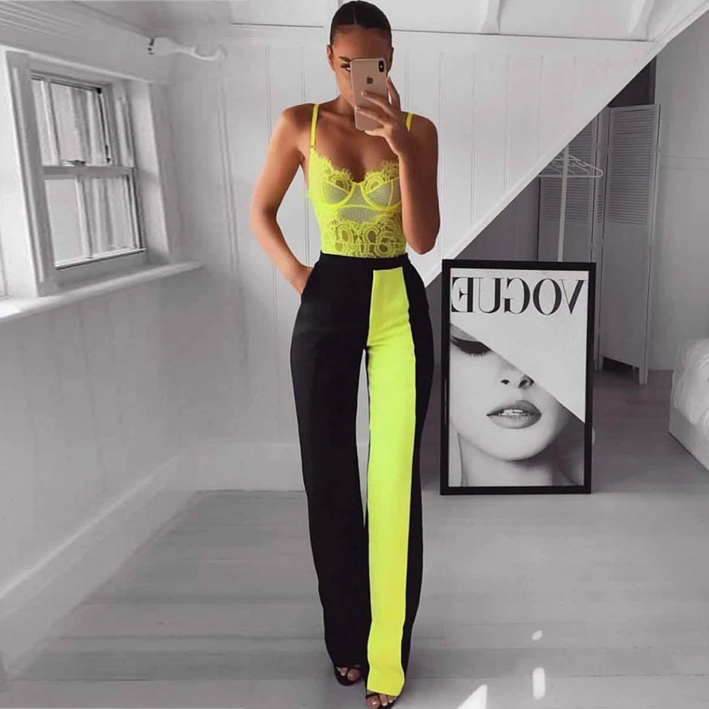 

Ocstrade Green Strappy Sleeveless Lace Bodysuit and Black Maxi Bandage Pants 2 Piece Set