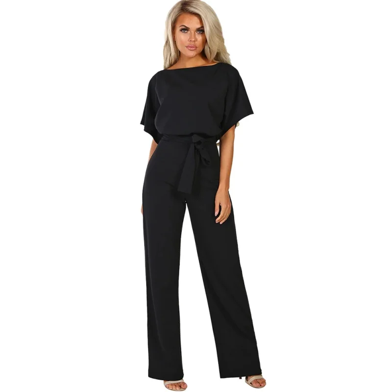 

2019 Solid Color Short Sleeve Belted Summer Office Lady Jumpsuit Plus Size Longline Jumpsuits Women High Street Jumpsuits