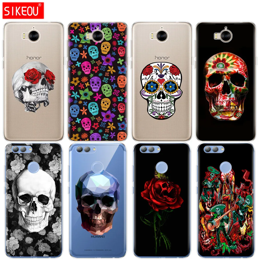 Silicone phone Cover Case for huawei Y3 Y6 Y5 2 II 2017 nova 3e 2s LITE plus soft tpu Cute Flower Skull coloured drawing |