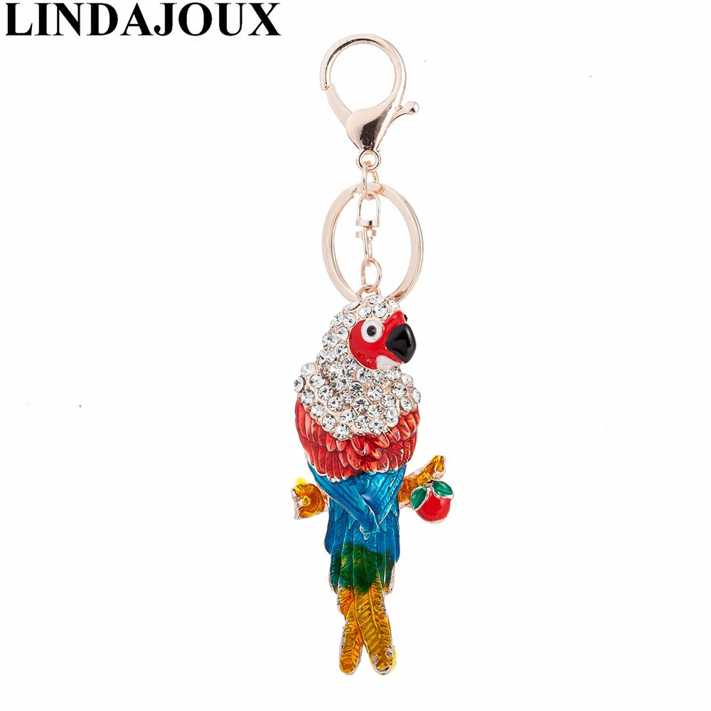 

LINDAJOUX Rhinestone Animal Keychains Parrot Crystal Pendant Key Chains Women KeyChian Car Charm Purse Handbag Birthday Gift