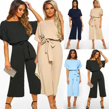 Women's Summer Short Sleeves Elegant Playsuit Wide Leg Jumpsuit Romper with Belted self belted wide leg shorts