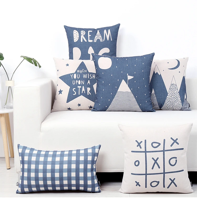 

Nordic Style Kids Decoration Blue Pillow Bear Geometric Landscape Dots Lattice Pentagram Letters Linen Cushion For Home