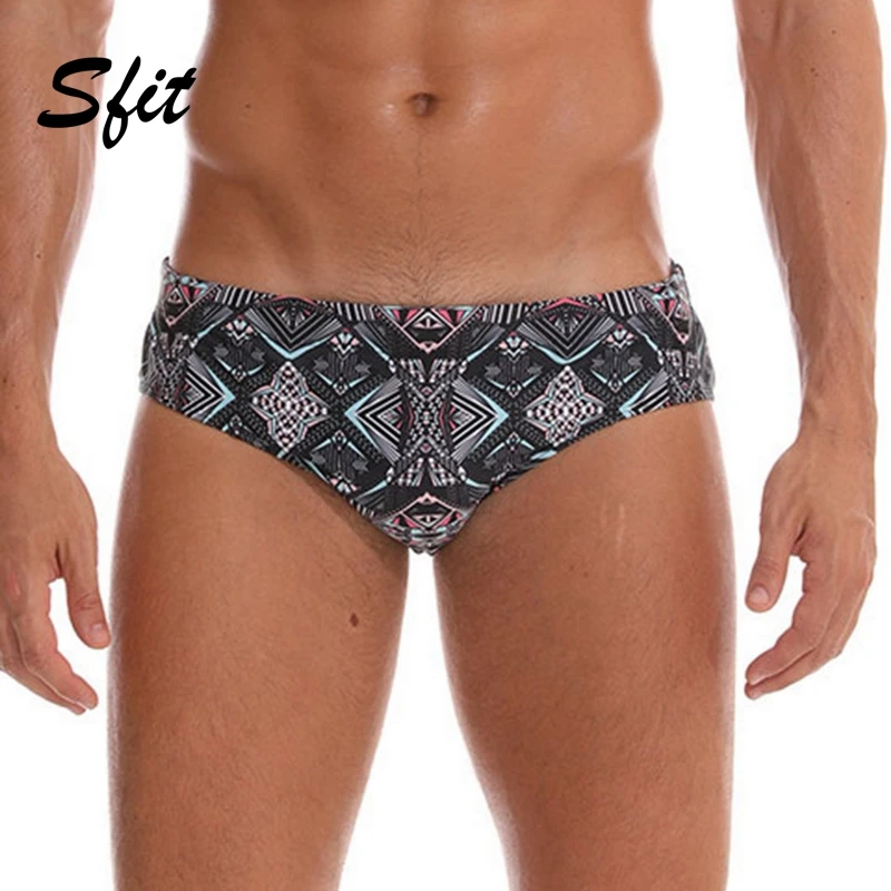 

Sfit 2019 Summer Men Slim Fit Brief Swimsuit Print Low Waist Quick Dry Swimsuits Briefs Sexy Lace Plus Size Surfing Swim Trunk