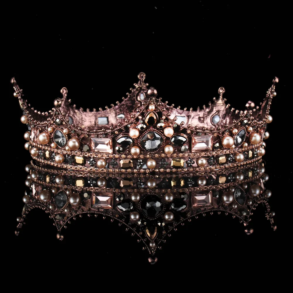 

Baroque Vintage Black Rhinestone Beads Round Big Crown Wedding Hair Accessories Luxury Crystal Queen King Crowns Bridal Tiaras