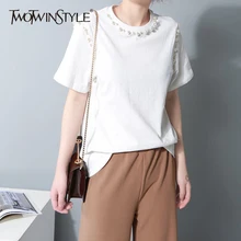 TWOTWINSTYLE летняя футболка для женщин с жемчугом и круглым вырезом, короткий рукав, белый пуловер, топы, женская мода, новая одежда