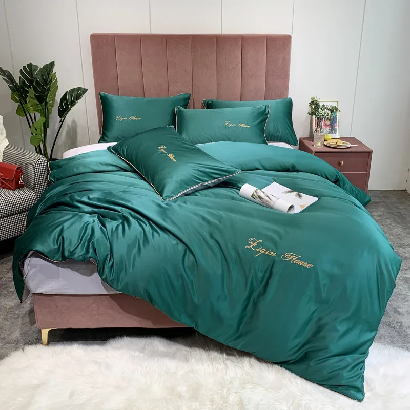 

Luxury Style 4pcs Washed Silk Bed Set Duvet Cover Bed Set Bed Sheet Pillowcases Solid Dark Green Royal Blue Pink White Grey