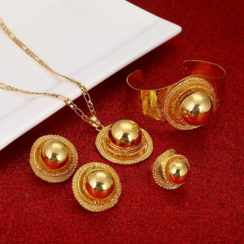 

New Ethiopian Wedding Jewelry Sets Necklaces Bracelet Earrings Ring Gold Color Habesha Jewellery Eritrean Gifts