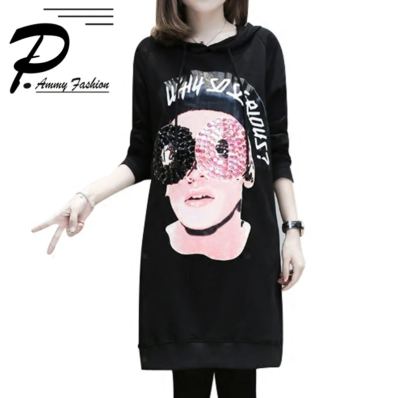 

Women's Winter Printed sequins Dress Warm Plus Cashmere Long-Sleeve Oversized Sweatshirts Pullover Jumper Tunic