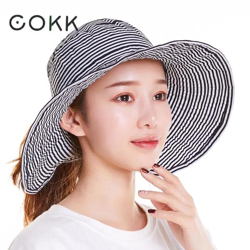 

COKK Summer Hats For Women Ladies Sun Hat Big Wide Brim Folding Empty Top Visor Cap Sunscreen Stripe Korea Style Chapeu Feminino