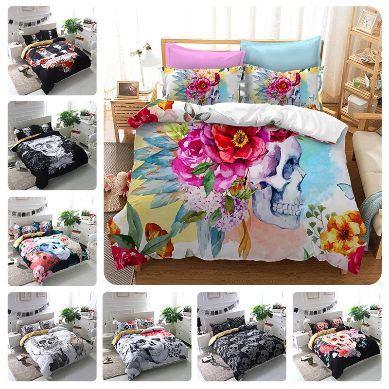 3D Blumen Schädel Bettwäsche sets hochzeit Duvet Abdeckung + kissen fall UNS könig größe Zucker Schädel Bett leinen blume bettwäsche 3D bett sets Billig