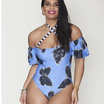 

Plus Size Swimwear Cross Bandage One Piece Swimsuit Women Sexy Off Shoulder Print Large Size Swimsuits Push Up XXL XXXL 2XL 3XL