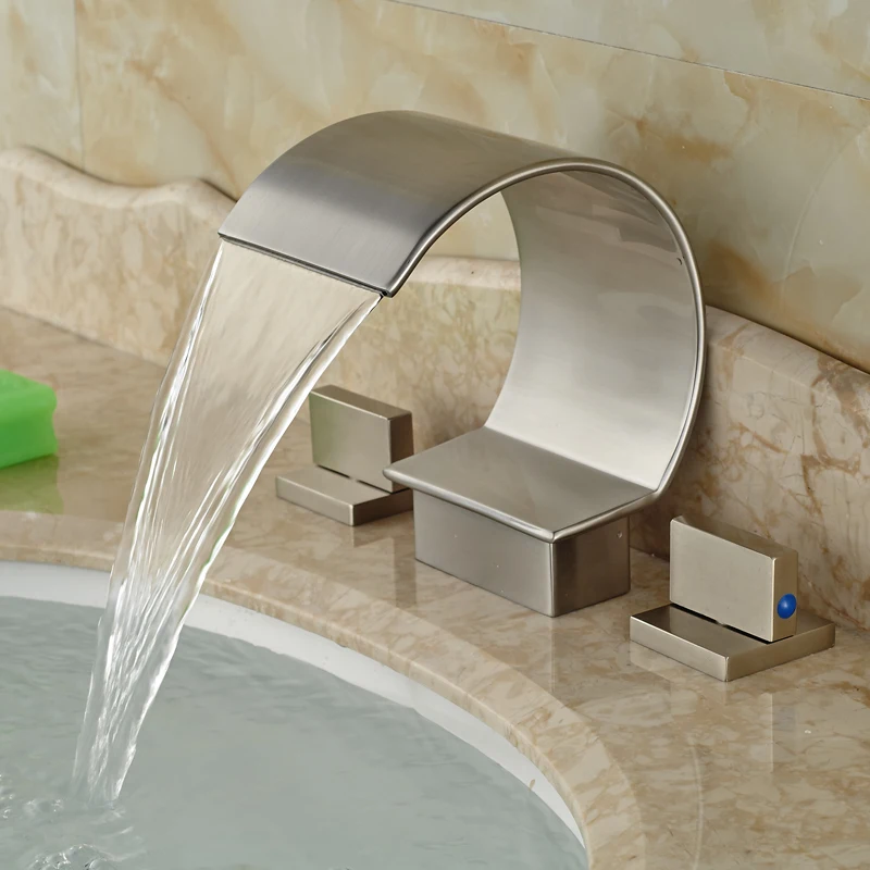 ФОТО Curved Waterfall Spout Bathroom Basin Mixer taps Deck Mount Brushed Nickel Hot Cold Water Faucet